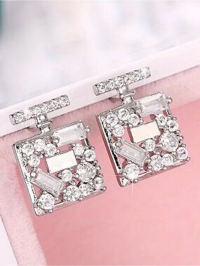 Silver Crystal Square Earrings